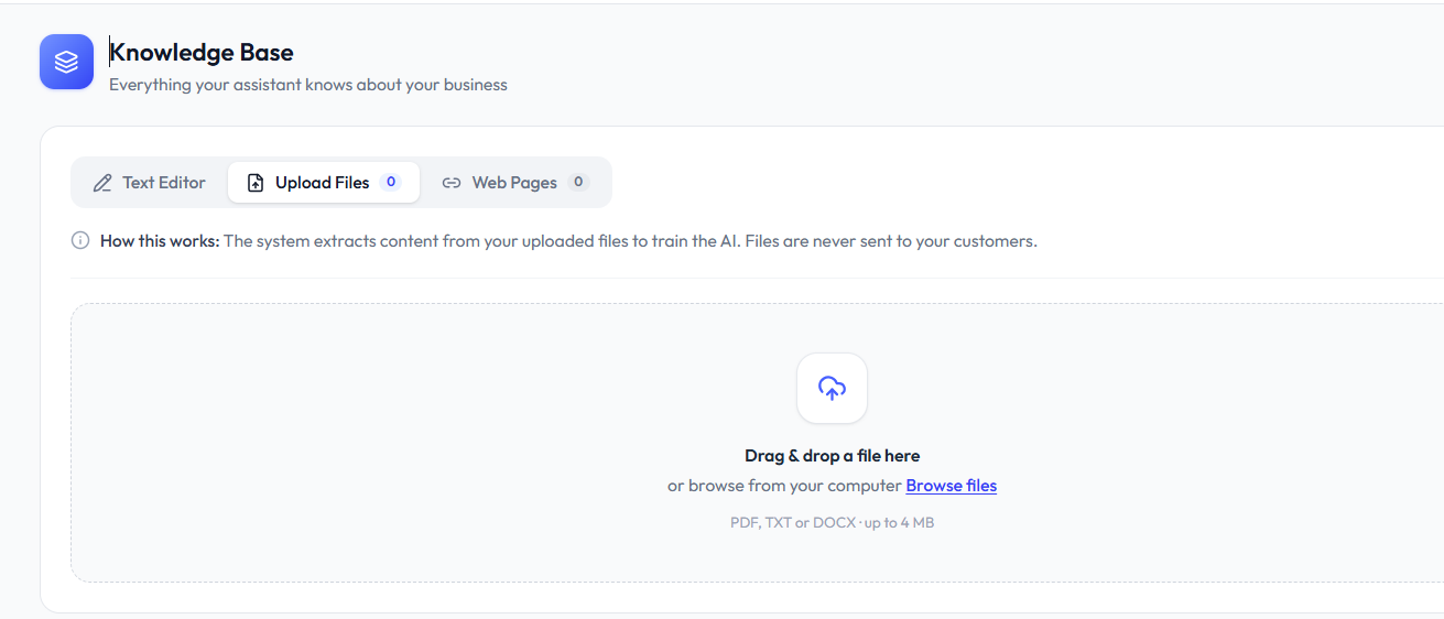 The RevoplyAI knowledge base: file upload, web pages and the text editor