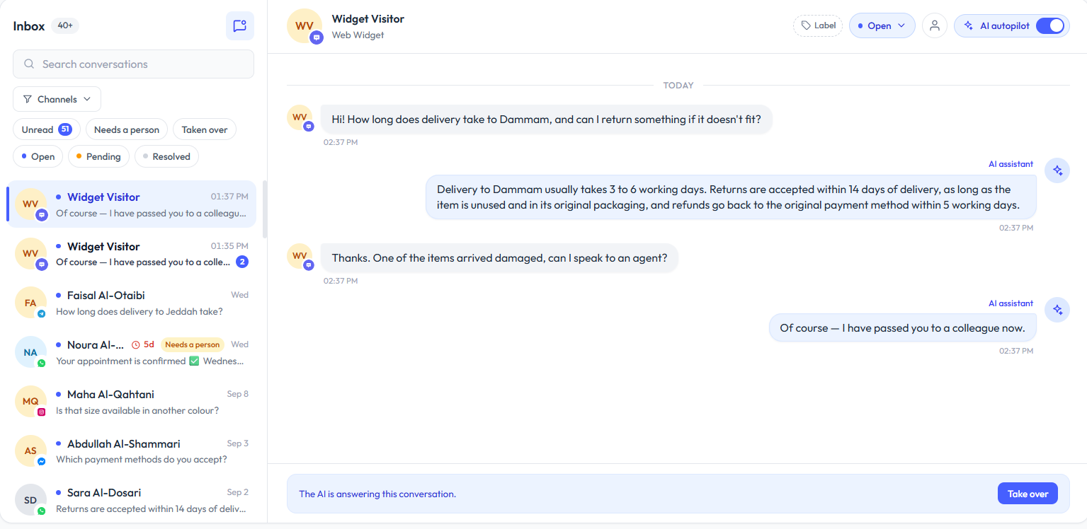 The RevoplyAI unified inbox with a conversation handed from the AI to a person