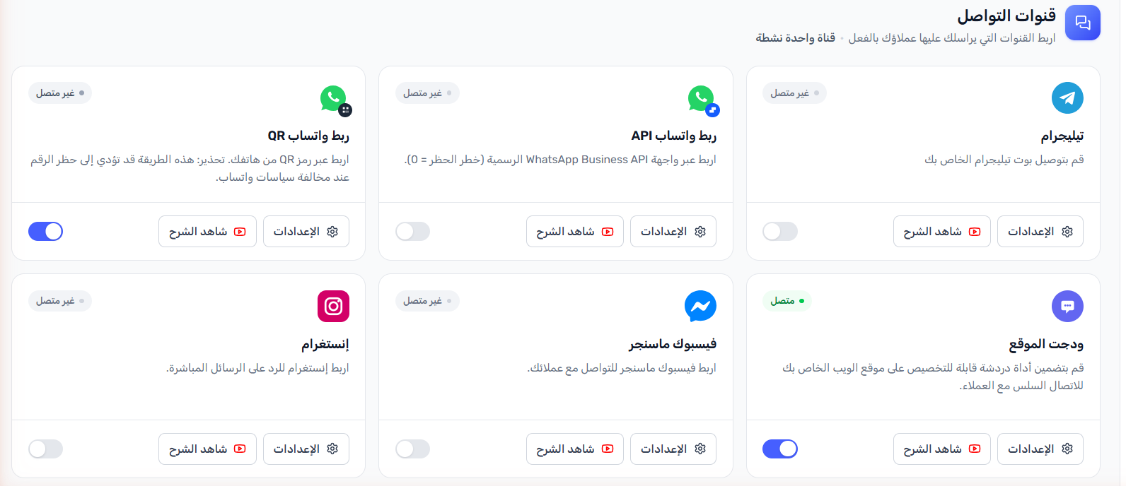 صفحة قنوات التواصل في RevoplyAI: واتساب وتليجرام وانستقرام وماسنجر وودجت الموقع