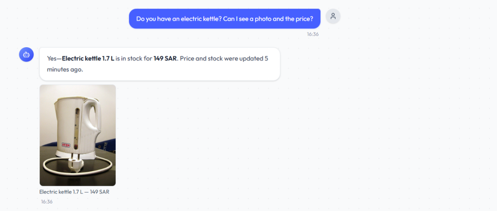The AI assistant answering a product question with the product's photo and price
