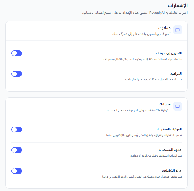 شاشة الإشعارات وفيها بطاقتان: عملاؤك وتضم التحويل إلى موظف والمواعيد، وحسابك وتضم الفوترة والمدفوعات وحدود الاستخدام وحالة التكاملات، ولكل منها مفتاح مشغَّل.
