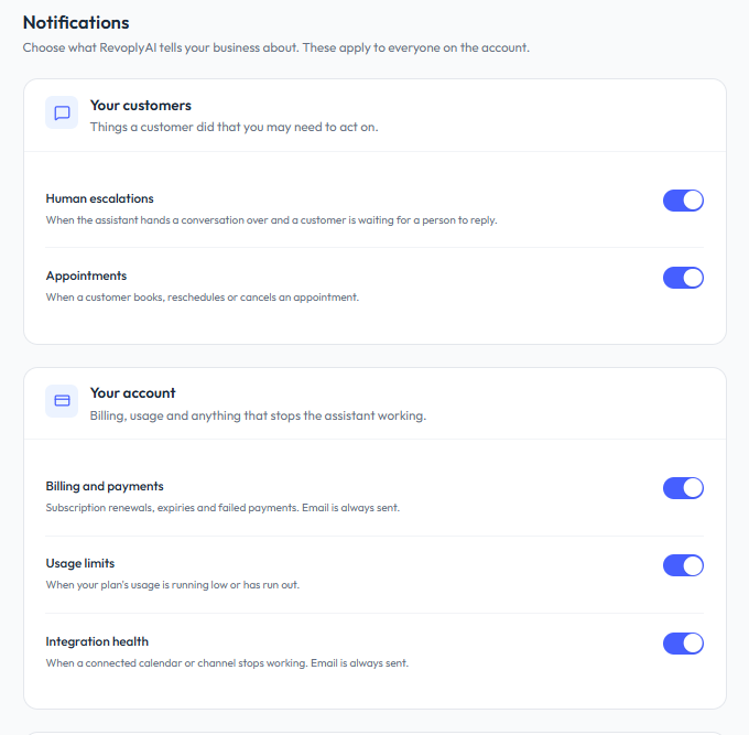 The Notifications screen with two cards, Your customers holding Human escalations and Appointments, and Your account holding Billing and payments, Usage limits and Integration health, each with its own switch turned on.