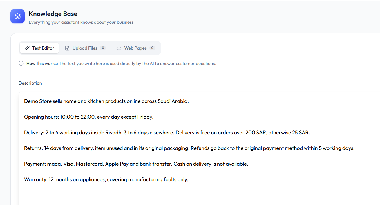 The Knowledge Base text editor holding a finished entry for a demo store: one line on what the business sells, then opening hours, delivery times and fees, the returns window and refund timing, accepted payment methods, and the warranty period.