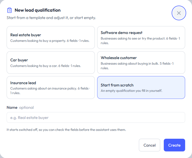 The New lead qualification dialog with five templates, Real estate buyer, Software demo request, Car buyer, Wholesale customer and Insurance lead, plus Start from scratch, an optional name, and a note that it starts switched off.