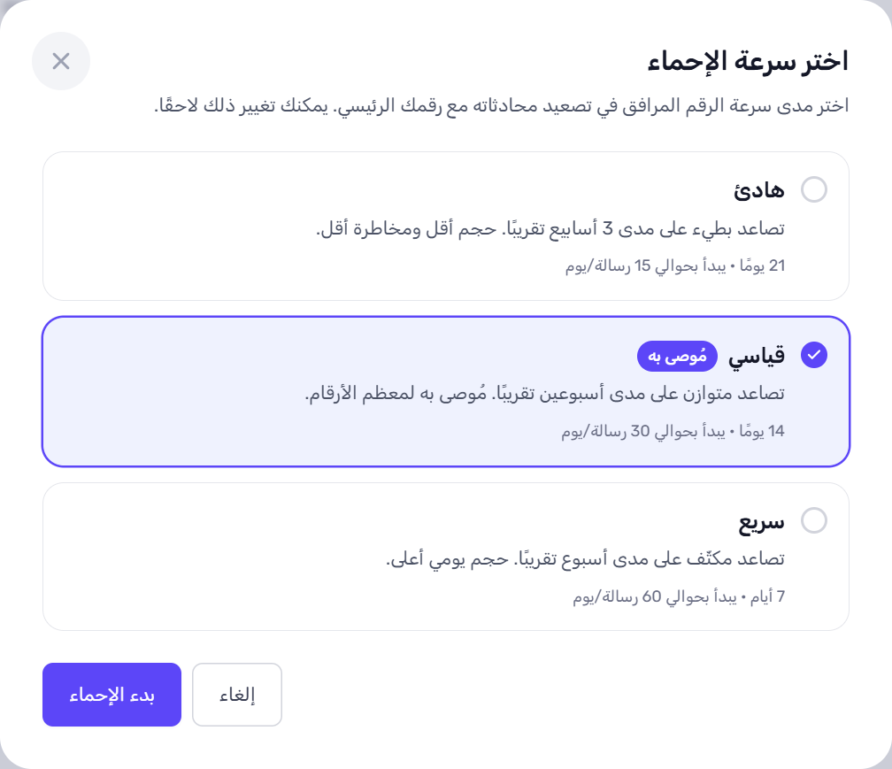 نافذة اختيار سرعة الإحماء في RevoplyAI وفيها ثلاثة إعدادات: هادئ، 21 يوماً يبدأ بحوالي 15 رسالة/يوم؛ قياسي، ومعلّم كمُوصى به، 14 يوماً يبدأ بحوالي 30 رسالة/يوم؛ وسريع، 7 أيام يبدأ بحوالي 60 رسالة/يوم.