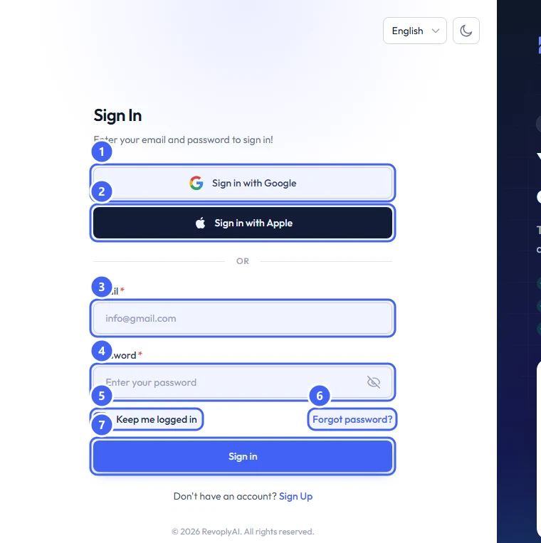 The sign-in form. 1: Sign in with Google. 2: Sign in with Apple. 3: Email. 4: Password. 5: Keep me logged in. 6: Forgot password?. 7: Sign in